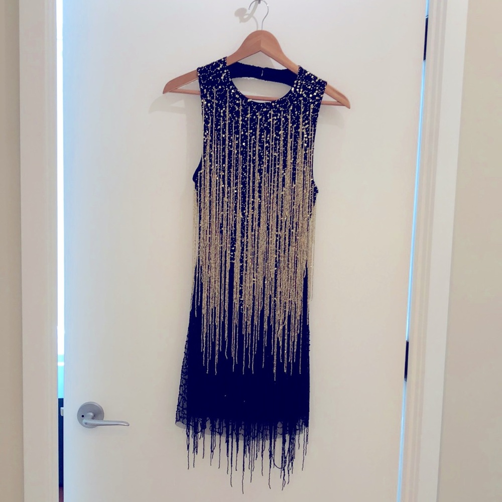 Nasty Gal beaded black/gold open back mini dress NWT